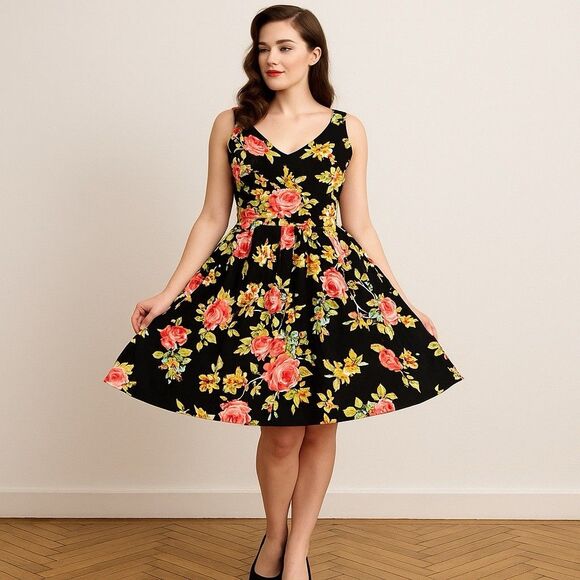 Vintage Ixia Dress M Floral Bloomcore Pin Up 50s Housewife Retro Rockabilly 60s - Picture 1 of 10